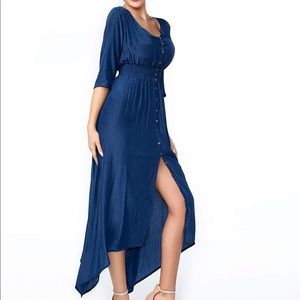 💜 NWT Sirhao Button Up Maxi Dress Navy Blue Sz L